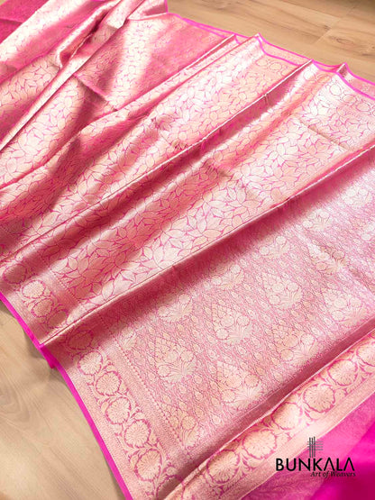 Hot Pink Leaf Pattern Tanchui Handloom Banarasi Tissue Silk Saree