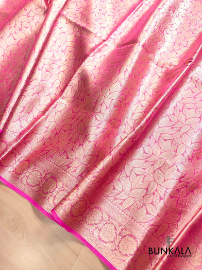Hot Pink Leaf Pattern Tanchui Handloom Banarasi Tissue Silk Saree