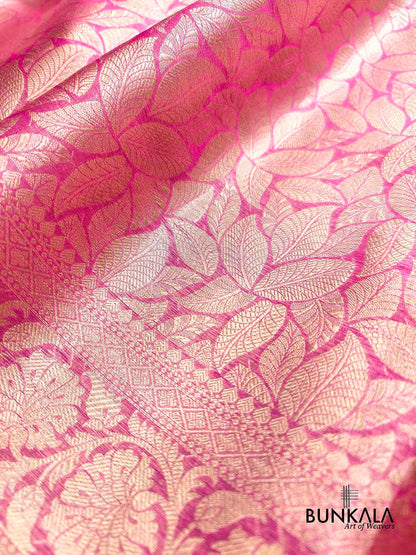 Hot Pink Leaf Pattern Tanchui Handloom Banarasi Tissue Silk Saree