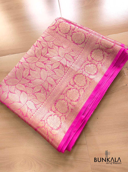 Hot Pink Leaf Pattern Tanchui Handloom Banarasi Tissue Silk Saree