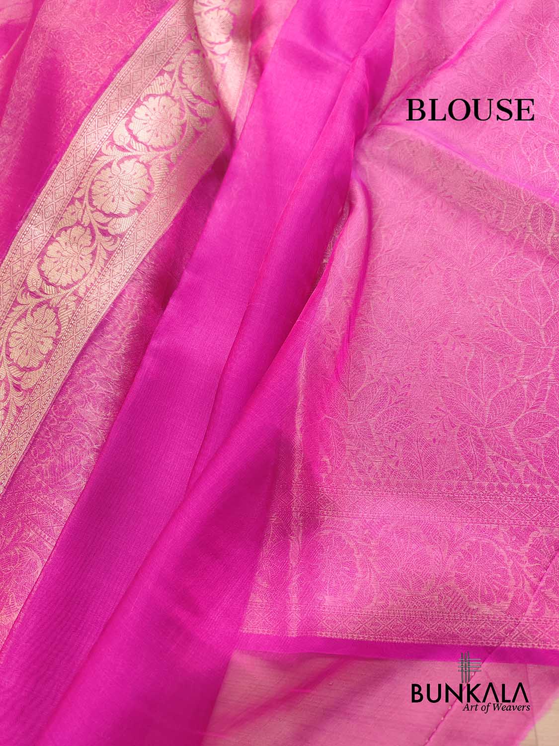 Hot Pink Leaf Pattern Tanchui Handloom Banarasi Tissue Silk Saree
