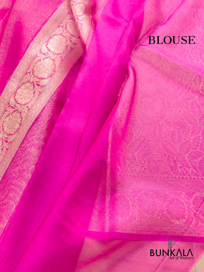 Hot Pink Leaf Pattern Tanchui Handloom Banarasi Tissue Silk Saree