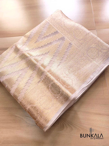 Natural Gold Zig Zag Pattern Tanchui Handloom Banarasi Tissue Silk Saree