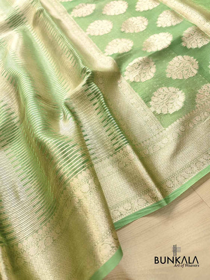 Green Stripe Tanchui Handloom Banarasi Tissue Silk Saree