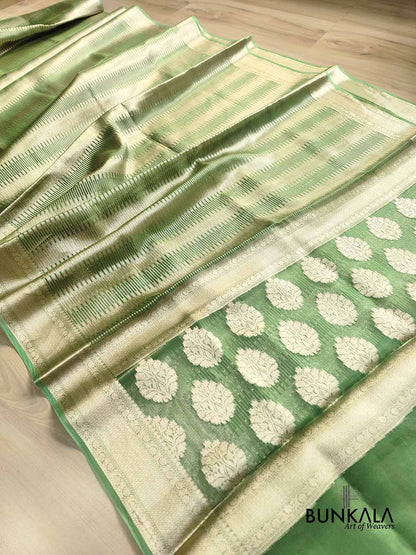 Green Stripe Tanchui Handloom Banarasi Tissue Silk Saree