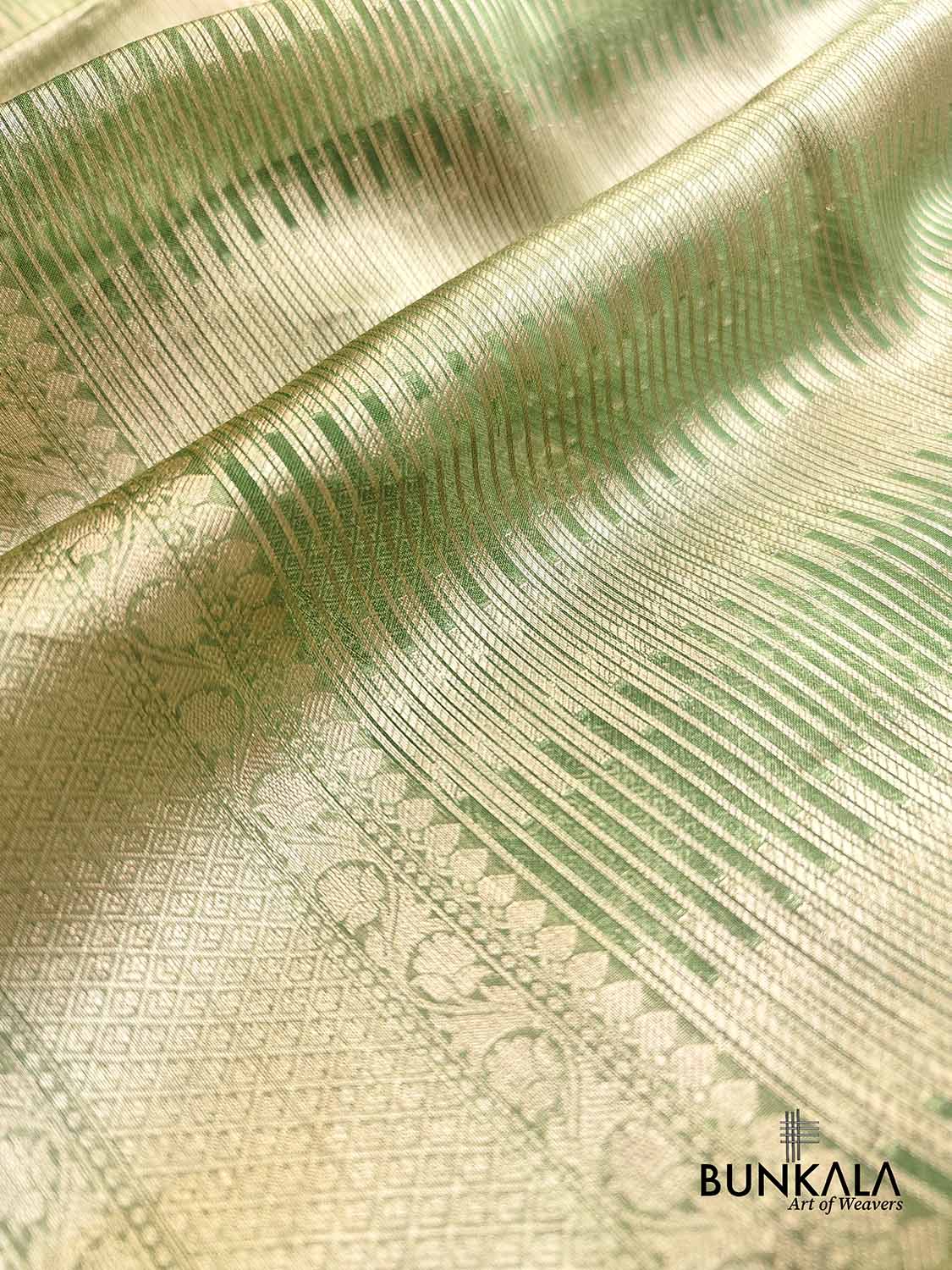Green Stripe Tanchui Handloom Banarasi Tissue Silk Saree