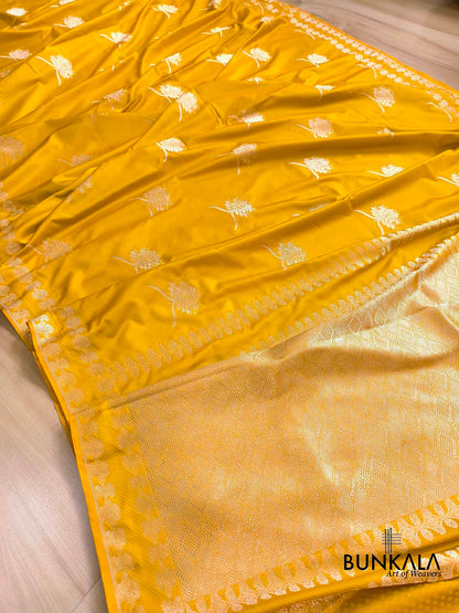 Dark Yellow Leaf Buta Weaved Banarasi Mashru Silk Saree