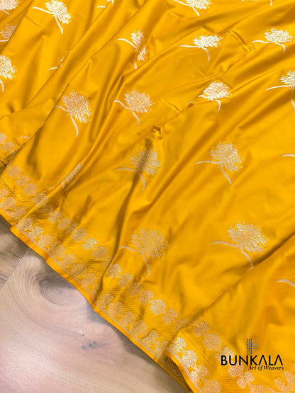 Dark Yellow Leaf Buta Weaved Banarasi Mashru Silk Saree