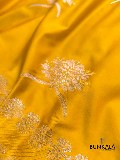 Dark Yellow Leaf Buta Weaved Banarasi Mashru Silk Saree