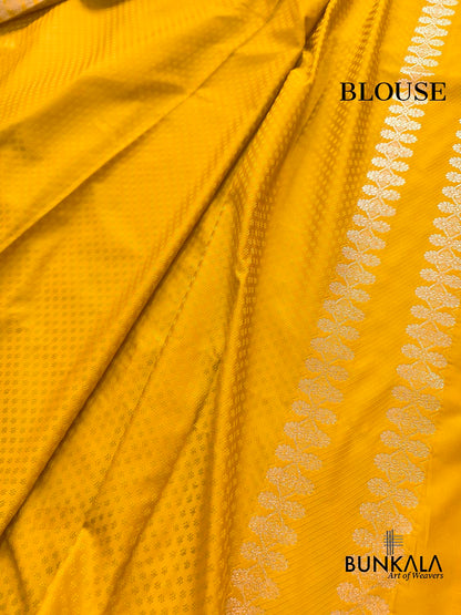 Dark Yellow Leaf Buta Weaved Banarasi Mashru Silk Saree
