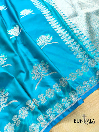 Ocean Blue Leaf Buta Weaved Banarasi Mashru Silk Saree