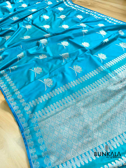 Ocean Blue Leaf Buta Weaved Banarasi Mashru Silk Saree