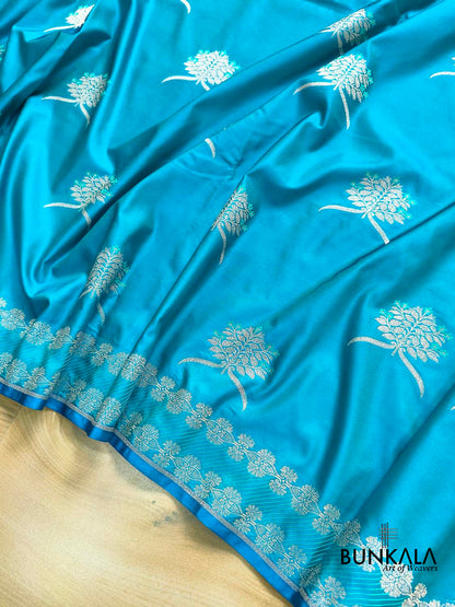 Ocean Blue Leaf Buta Weaved Banarasi Mashru Silk Saree