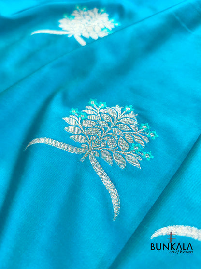 Ocean Blue Leaf Buta Weaved Banarasi Mashru Silk Saree