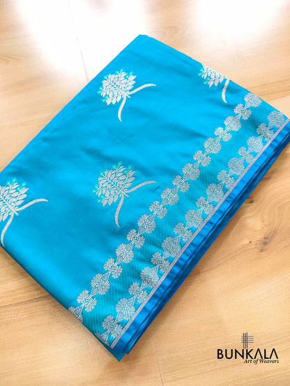 Ocean Blue Leaf Buta Weaved Banarasi Mashru Silk Saree