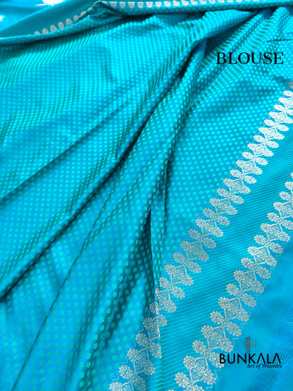 Ocean Blue Leaf Buta Weaved Banarasi Mashru Silk Saree
