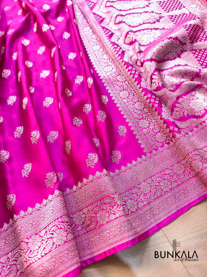 Dark Pink Small Buti Floral Border Weaved Banarasi Mashru Silk Saree