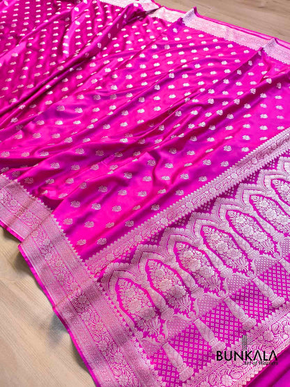 Dark Pink Small Buti Floral Border Weaved Banarasi Mashru Silk Saree
