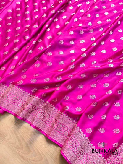 Dark Pink Small Buti Floral Border Weaved Banarasi Mashru Silk Saree