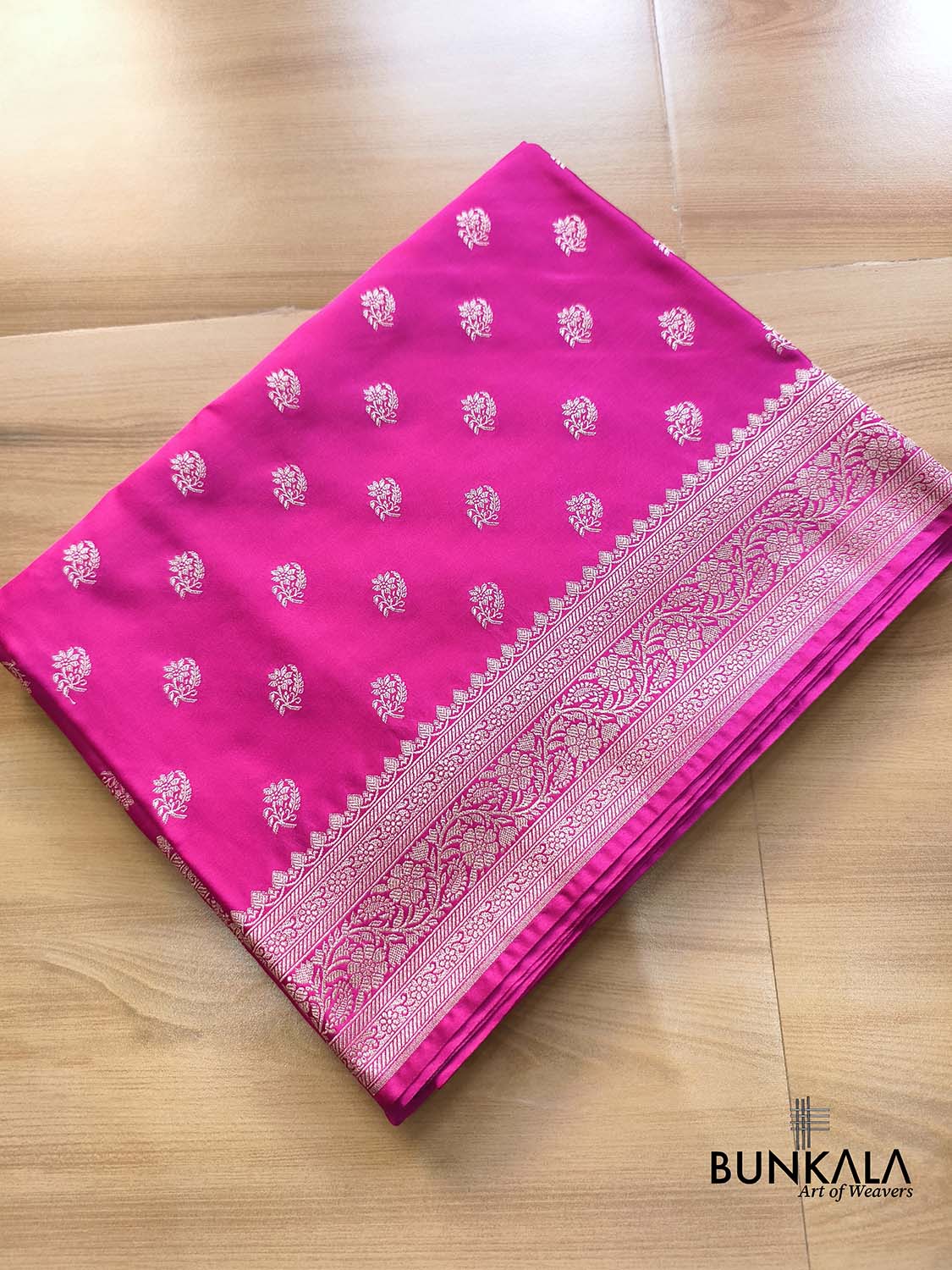 Dark Pink Small Buti Floral Border Weaved Banarasi Mashru Silk Saree