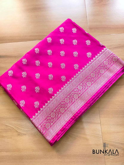 Dark Pink Small Buti Floral Border Weaved Banarasi Mashru Silk Saree