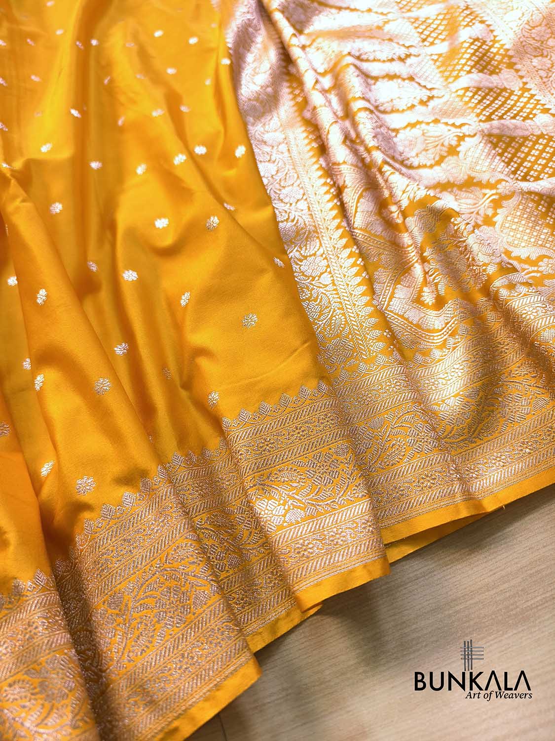 Dark Yellow Small Flower Buti Weaved Banarasi Mashru Silk Saree