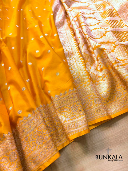 Dark Yellow Small Flower Buti Weaved Banarasi Mashru Silk Saree