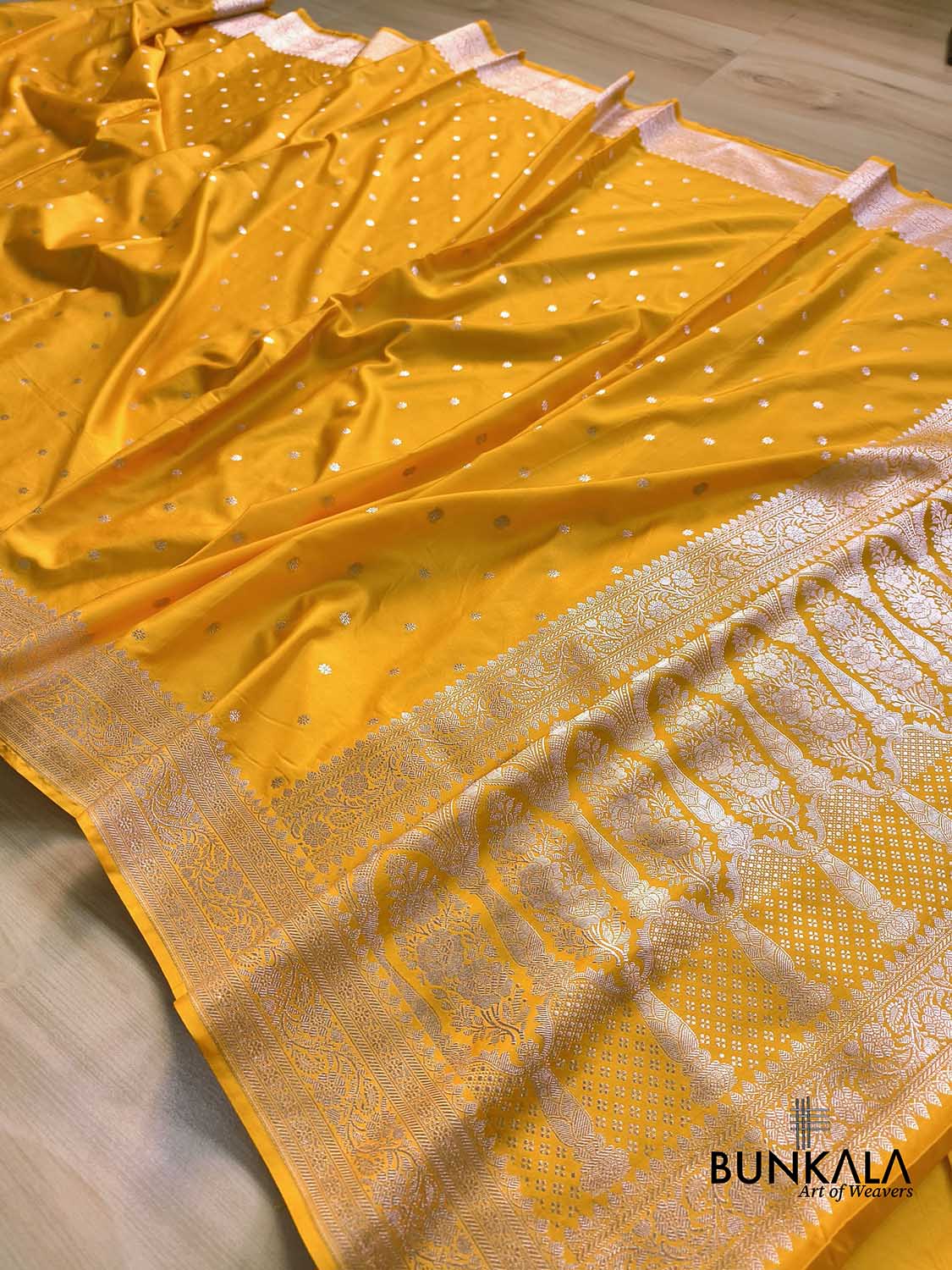 Dark Yellow Small Flower Buti Weaved Banarasi Mashru Silk Saree
