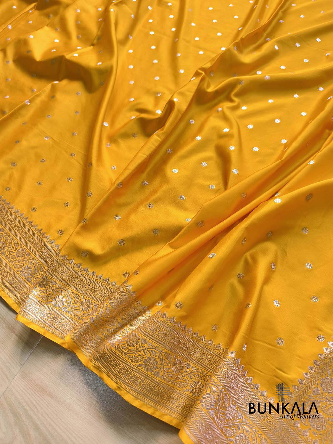 Dark Yellow Small Flower Buti Weaved Banarasi Mashru Silk Saree