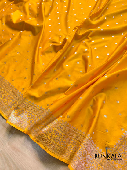 Dark Yellow Small Flower Buti Weaved Banarasi Mashru Silk Saree