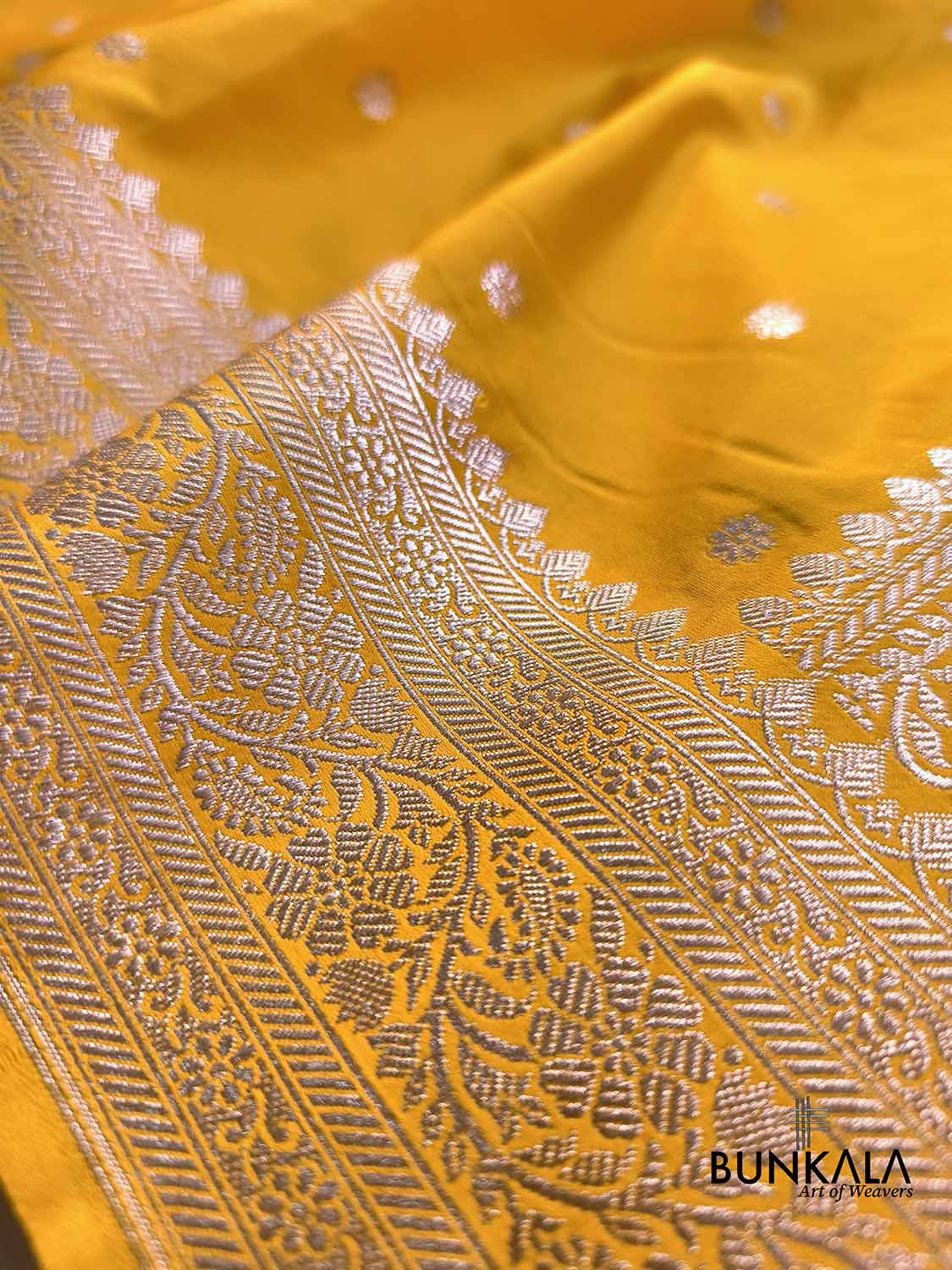 Dark Yellow Small Flower Buti Weaved Banarasi Mashru Silk Saree