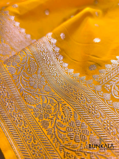 Dark Yellow Small Flower Buti Weaved Banarasi Mashru Silk Saree