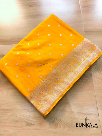Dark Yellow Small Flower Buti Weaved Banarasi Mashru Silk Saree