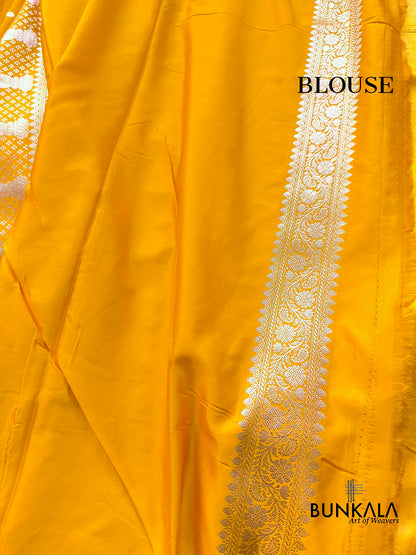 Dark Yellow Small Flower Buti Weaved Banarasi Mashru Silk Saree