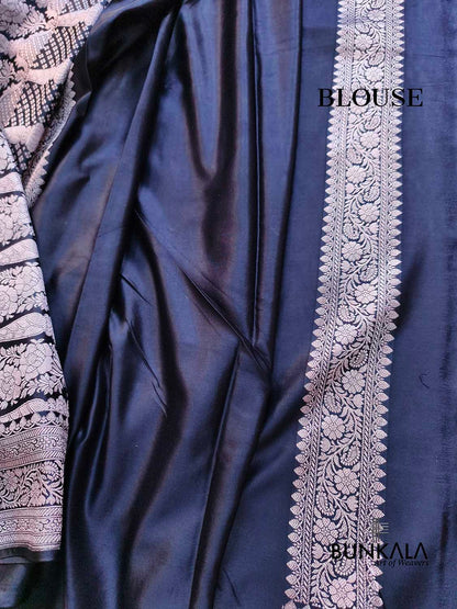 Navy Blue Sona Zari Buti Weaved Banarasi Mashru Silk Saree
