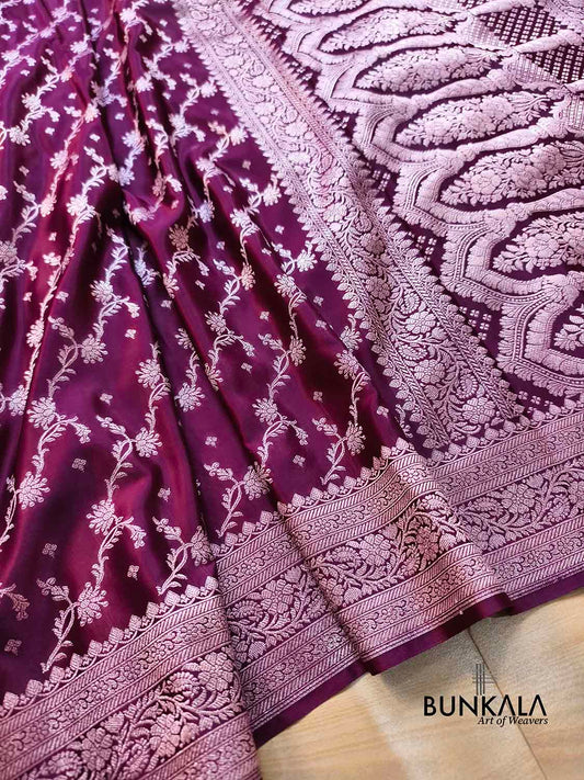 Wine Floral Jaal Sona Zari Weaved Banarasi Mashru Silk Saree