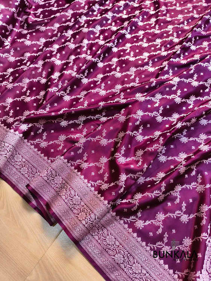 Wine Floral Jaal Sona Zari Weaved Banarasi Mashru Silk Saree