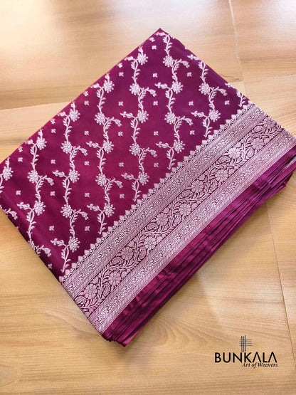 Wine Floral Jaal Sona Zari Weaved Banarasi Mashru Silk Saree