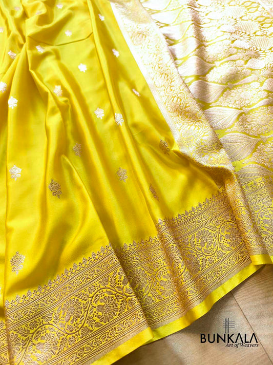 Bright Lemon Yellow Sona Zari Buti Weaved Banarasi Mashru Silk Saree
