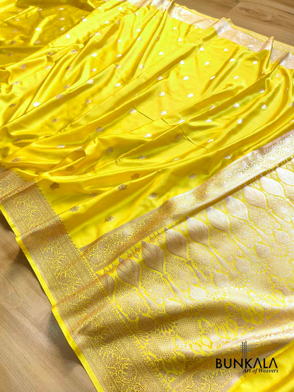 Bright Lemon Yellow Sona Zari Buti Weaved Banarasi Mashru Silk Saree
