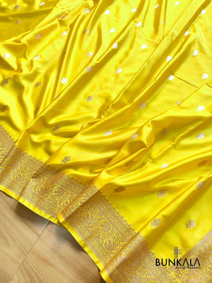 Bright Lemon Yellow Sona Zari Buti Weaved Banarasi Mashru Silk Saree