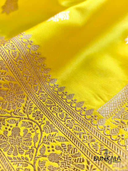 Bright Lemon Yellow Sona Zari Buti Weaved Banarasi Mashru Silk Saree