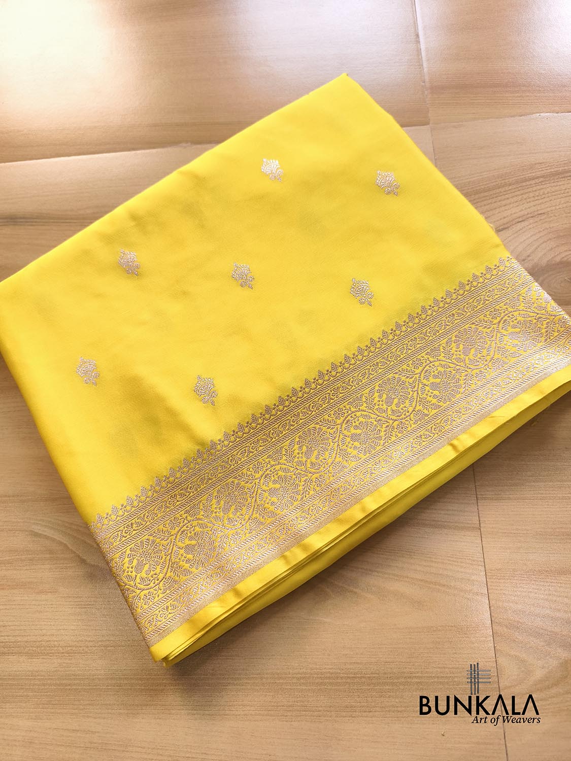 Bright Lemon Yellow Sona Zari Buti Weaved Banarasi Mashru Silk Saree