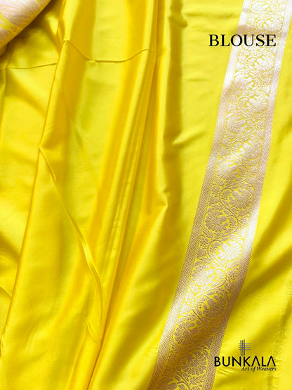 Bright Lemon Yellow Sona Zari Buti Weaved Banarasi Mashru Silk Saree