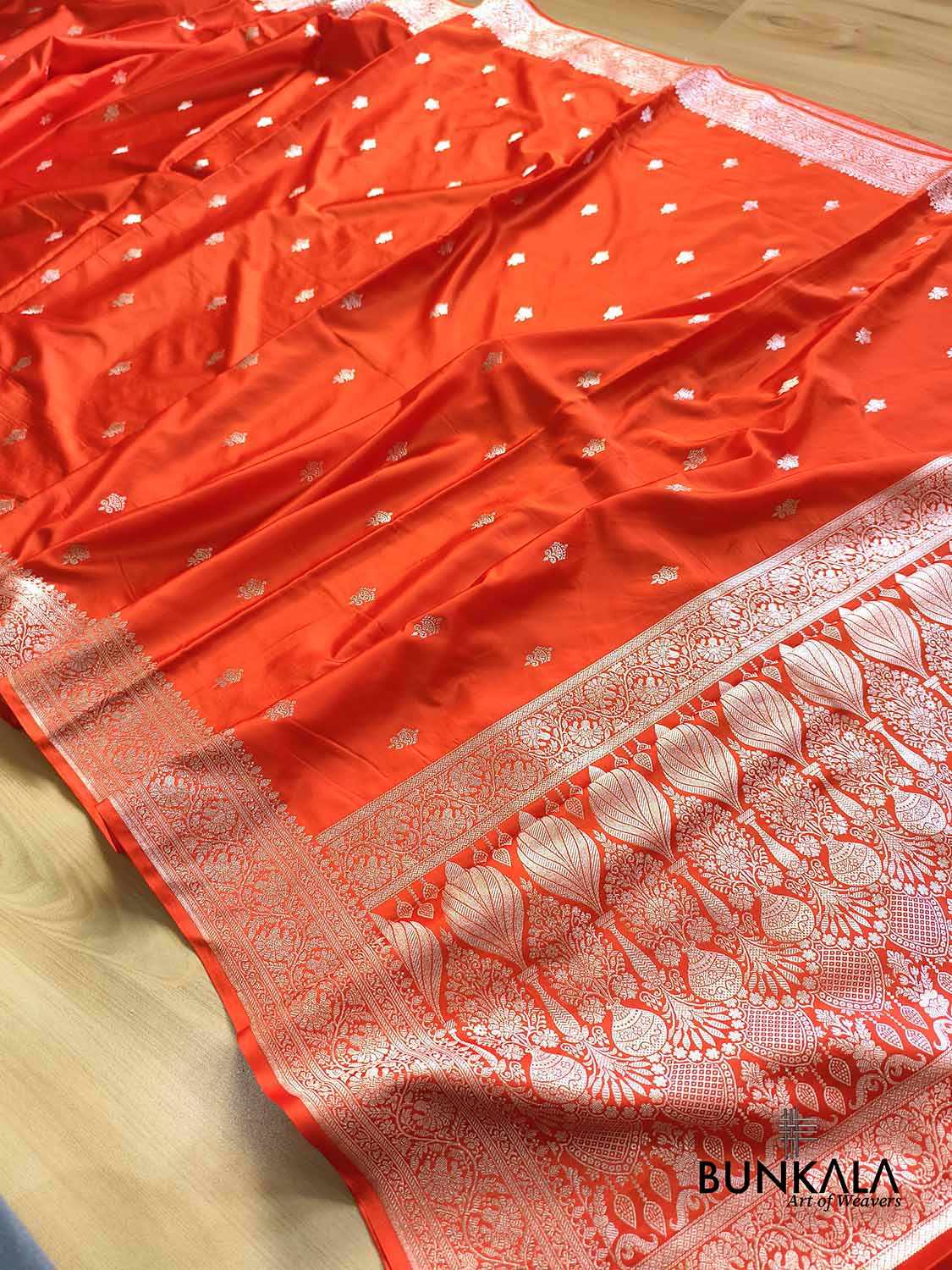Burnt Orange Sona Zari Buti Weaved Banarasi Mashru Silk Saree