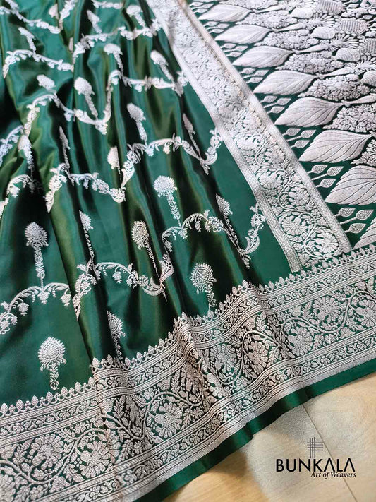 Bottle Green Sona Zari Jaal Weaved Banarasi Mashru Silk Saree