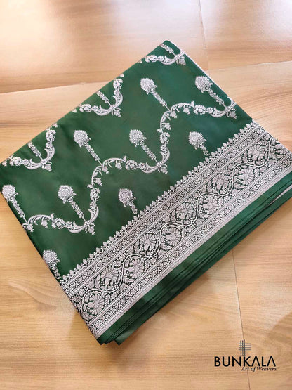 Bottle Green Sona Zari Jaal Weaved Banarasi Mashru Silk Saree