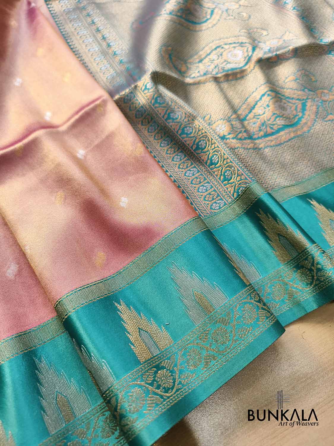 Pastel Pink Buti Temple Border Weaved Banarasi Tissue Silk Saree 