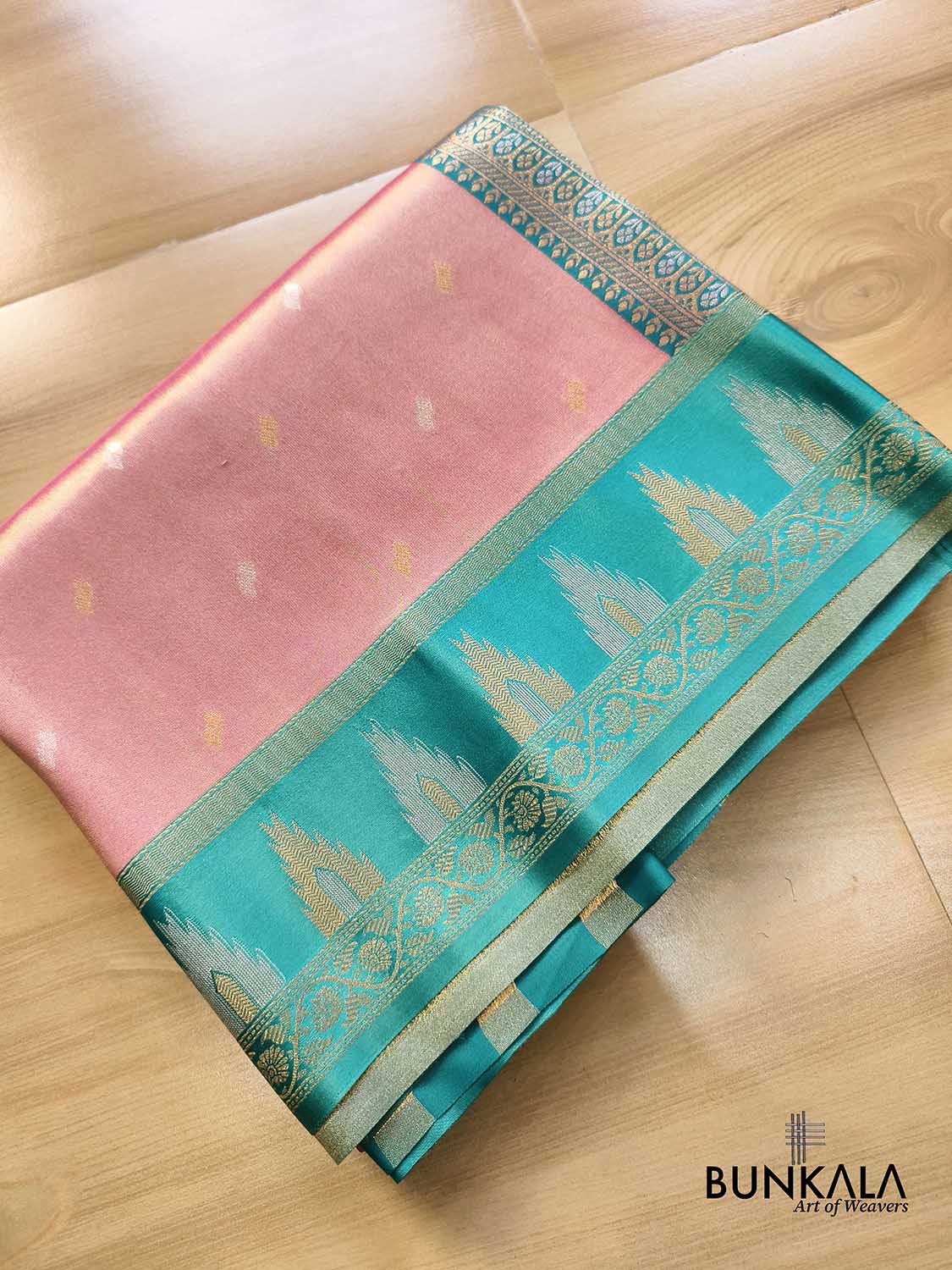 Pastel Pink Buti Temple Border Weaved Banarasi Tissue Silk Saree 