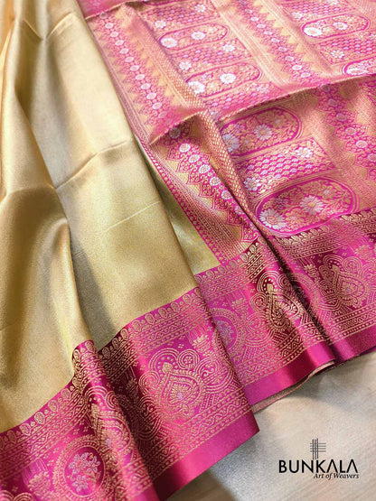 Golden & Pink Plain Contrast Border Weaved Banarasi Tissue Silk Saree